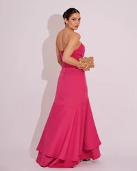 Vestido Longo com Fenda de Babados Alfaiataria Pink