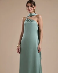 Vestido de Festa Longo em Cetim Fluido um Ombro Só com Lenço Verde Menta