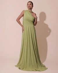 Vestido de Festa Longo Crepe Chiffon Um Ombro Só Drapeado com Lenço Verde Garden