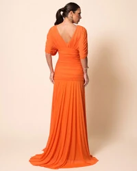 Vestido de Festa Longo Tule Manga Curta Drapeado Laranja