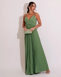 Vestido de Festa Longo Plissado Crepe Chiffon com Alça Verde Claro