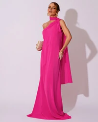 Vestido de Festa Longo Crepe Chiffon Um Ombro Só Drapeado Pink