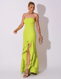 Vestido Longo com Fenda de Babados Alfaiataria Verde Lima New