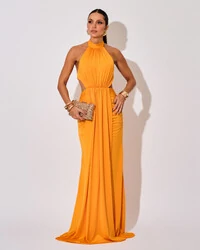 Vestido de Festa Longo Malha Jersey Gola Alta Saia Sereia Laranja Manga