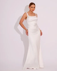 Vestido Longo de Festa Cetim Alfaiataria Drapeado Sereia Branco