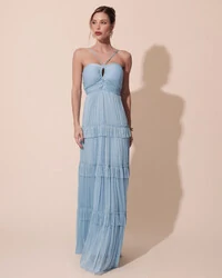 Vestido de Festa Longo Tule com Saia Babado Azul Serenity