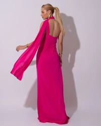 Vestido de Festa Longo Crepe Chiffon Um Ombro Só Drapeado Lenço Fixo Lenço Pink