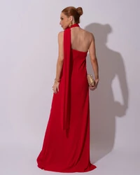 Vestido de Festa Longo Crepe Chiffon Um Ombro Só Drapeado Lenço Fixo Vermelho