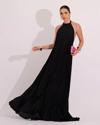 Vestidos de Festa Longo Chiffon Fluido Frente Única Plissado Duplo Preto