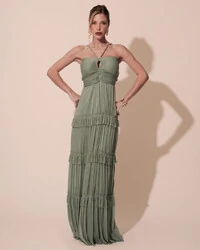 Vestido de Festa Longo Tule com Saia Babado Verde Oliva