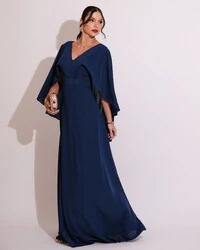 Vestido de Festa Longo com Capa Crepe Azul Marinho