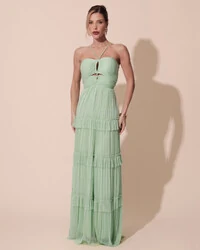 Vestido de Festa Longo Tule com Saia Babado Verde Lima