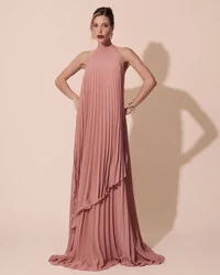 Vestidos de Festa Longo Chiffon Fluido Frente Única Plissado Duplo Rose