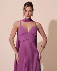 Vestido de Festa Longo Plissado Crepe Chiffon com Alça e Lenço Fucsia