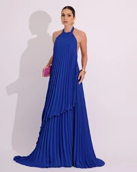Vestidos de Festa Longo Chiffon Fluido Frente Única Plissado Duplo Azul Royal