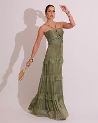 Vestido de Festa Longo Tule com Saia Babado Verde Oliva