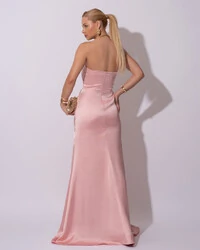 Vestido de Festa Longo Cetim Alfaiataria Tomara que Caia Fenda Rose Gold