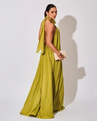 Vestido Longo Crepe Chiffon Frente Única Fluido Flor Removível Verde Lima