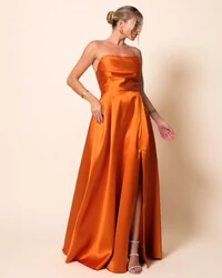 Vestido de Festa Longo Tomara que Caia Trançado Costa em Zibeline Terracota