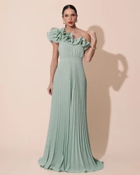 Vestido de Festa um Ombro Só Flor Saia Plissado Verde Menta