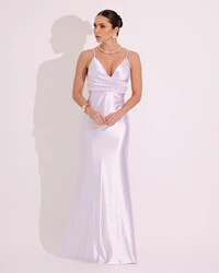 Vestido de Festa Longo Malha Cetim Busto Drapeado Saia Sereia Branco