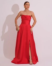 Vestido de Festa Longo Tomara que Caia Trançado Costa em Zibeline Vermelho