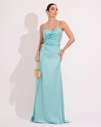Vestido de Festa Longo Cetim Alfaiataria Fenda Drapeada Tiffany