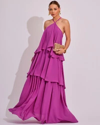 Vestido Longo Babado em Camadas Fúcsia
