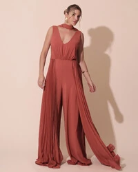 Macacão de Festa Longo Crepe Pantalona Plissado e Lenço Terracota