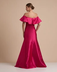 Vestido de Festa Longo Zibeline Ombro a Ombro com Babado Pink New