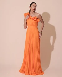 Vestido de Festa um Ombro Só Flor Saia Plissado Laranja