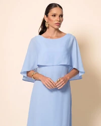 Vestido de Festa Longo Crepe Chiffon com Capa e Degagê nas Costas Azul Serenity