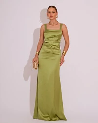 Vestido Longo de Festa Cetim Alfaiataria Drapeado Sereia Verde Lima