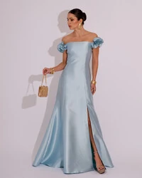 Vestido Longo de Festa Zibeline Ombro a Ombro com Flores e Fenda Serenity