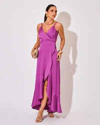 Vestido Midi Babado Acetinado Fúcsia