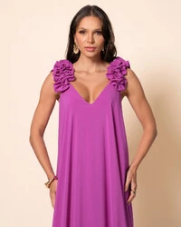 Vestido de Festa Longo Crepe Chiffon Fluido Decote em V Flores Fúcsia