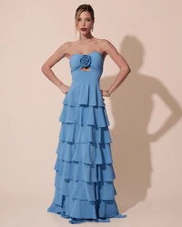 Vestido Longo Crepe Chiffon Tomara que Caia Plissado em Camadas Azul Atlantis
