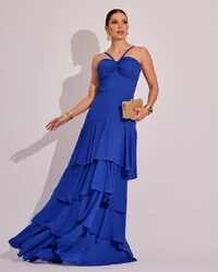 Vestido Longo Frente Única em Crepe com Babados e Camadas Azul Royal