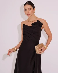 Vestido de Festa Longo Alfaiataria Tomara que Caia com Fenda Detalhe Preto