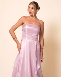 Vestido de Festa Longo Cetim Cristal Tomara que Caia Detalhe Rosa