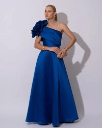 Vestido de Festa Longo Zibeline um Ombro Só Flor Drapeado Azul Royal