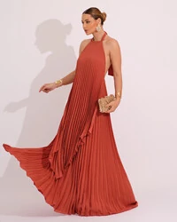 Vestidos de Festa Longo Chiffon Fluido Frente Única Plissado Duplo Terracota