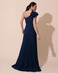 Vestido de Festa um Ombro Só Flor Saia Plissado Azul Marinho