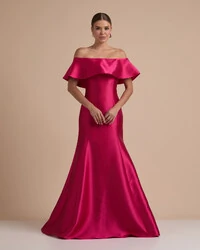 Vestido de Festa Longo Zibeline Ombro a Ombro com Babado Pink New