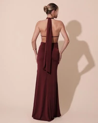 Vestido de Festa Longo Malha Jersey Gola Alta Saia Sereia Marsala