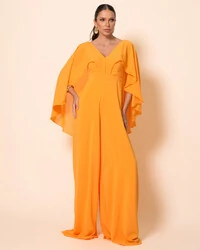Macacão de Festa Longo Crepe Chiffon com Capa Laranja Manga
