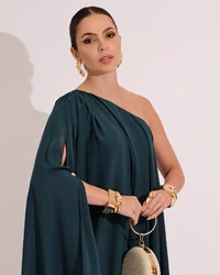 Vestido de Festa um Ombro com Capa Crepe Fluido Verde Escuro