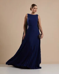 Vestido de Festa Longo Crepe Chiffon Plissado com Lenço nas Alças Azul Marinho