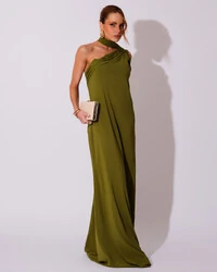 Vestido de Festa Longo Crepe Chiffon Um Ombro Só Drapeado Verde Oliva