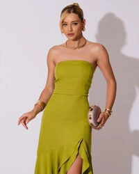 Vestido Longo com Fenda de Babados Alfaiataria Verde Pistache